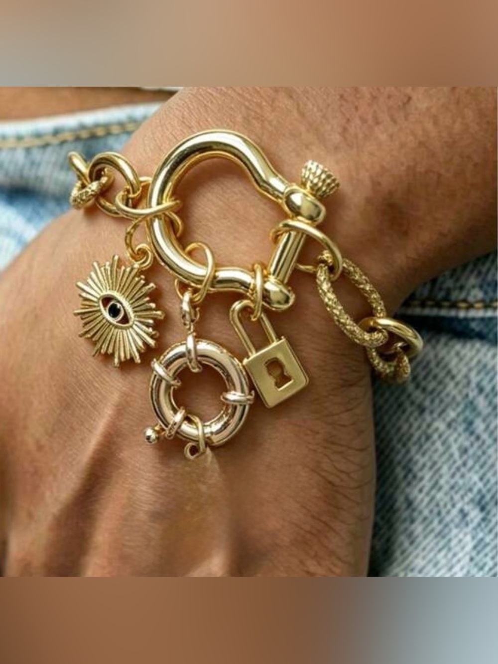 Western Horseshoe Bracelet Gold-Tone Charm Bracelet with Sun & Lock Charms